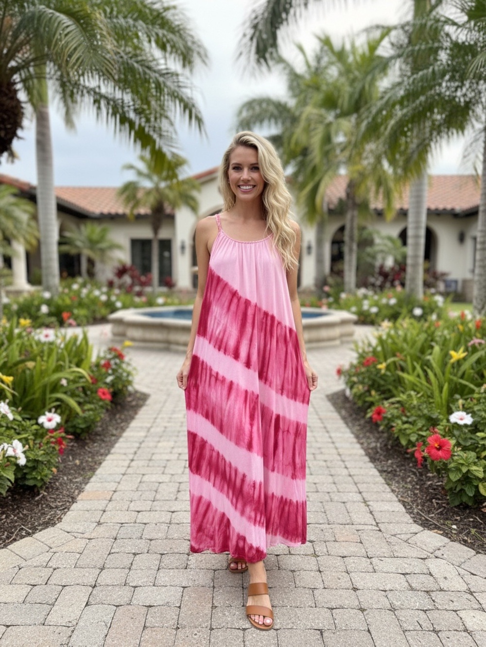 Sleeveless Pink Tie-Dye Maxi Dress with Adjustable Straps